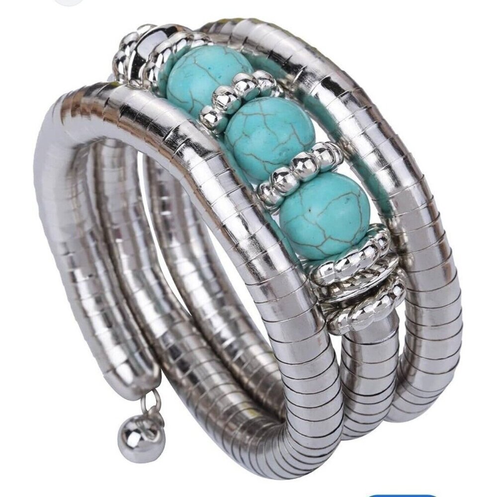 Turquoise And Silver Bracelet Flex Adjustable Festival Summer Party Jewelry